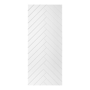 Modern Herringbone Pattern 24 in. x 80 in. MDF Panel White Painted Sliding Barn Door with Hardware Kit