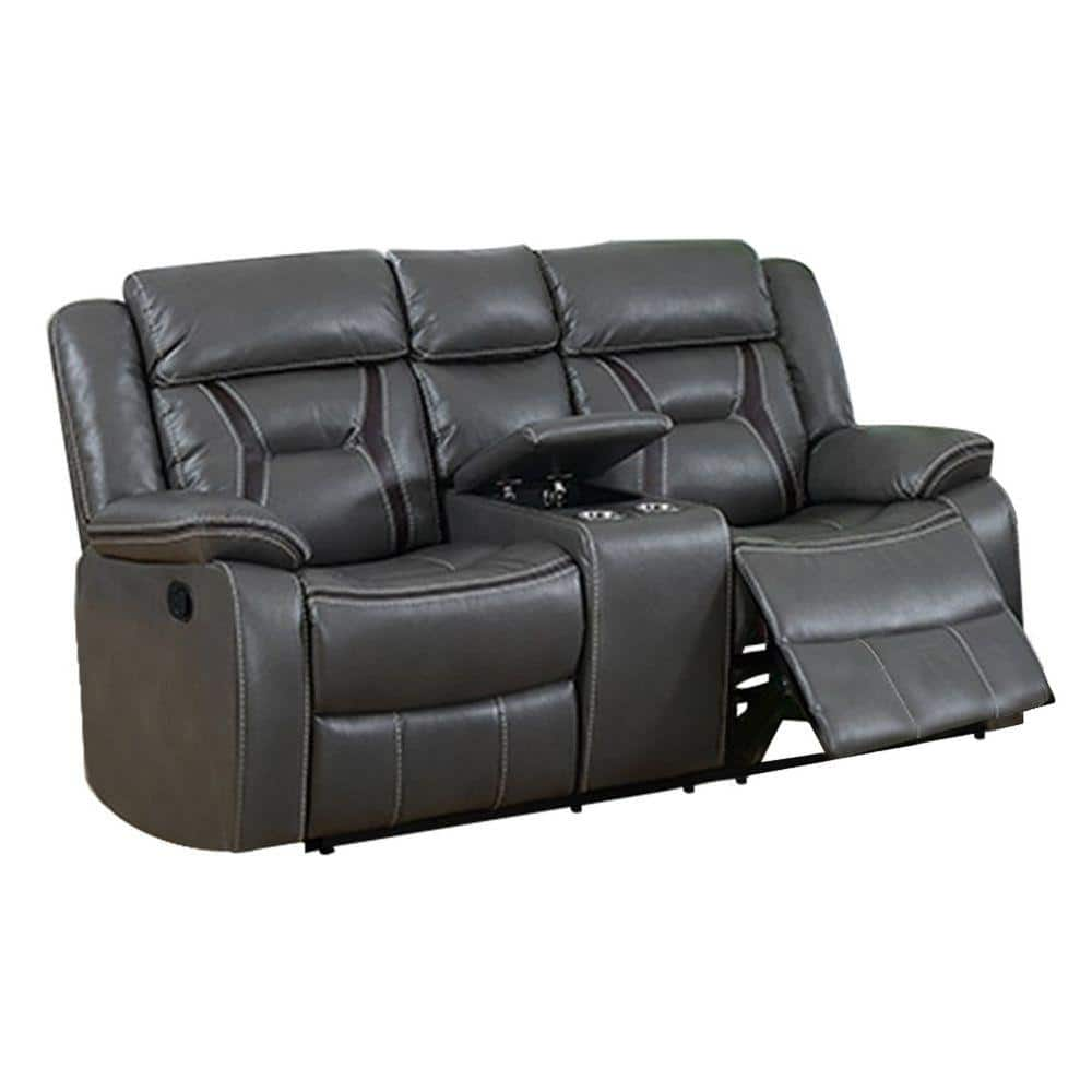 Benjara 37 in. Gray Solid Leather 2-Seater Motion Loveseat with Console ...