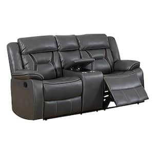 37 in. Gray Solid Leather 2-Seater Motion Loveseat with Console