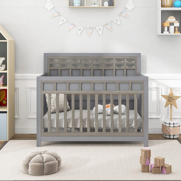 Gray 53.8 in. W x 27 in. D Convertible Crib, Pine Solid Wood Baby 