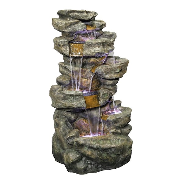 51 in. Tall 6-Tier Rainforest Color-Changing Waterfall Fountain with LED Lights, Gray