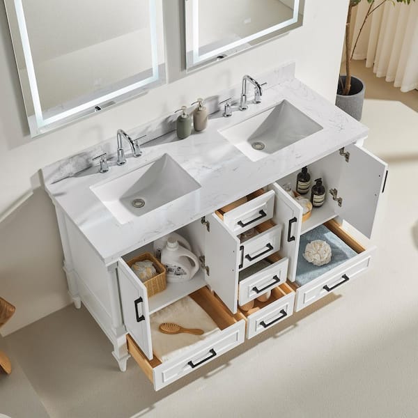 60 in. Soiled Wood Freestanding White Bath Vanity with Carrara Marble Top Assembled