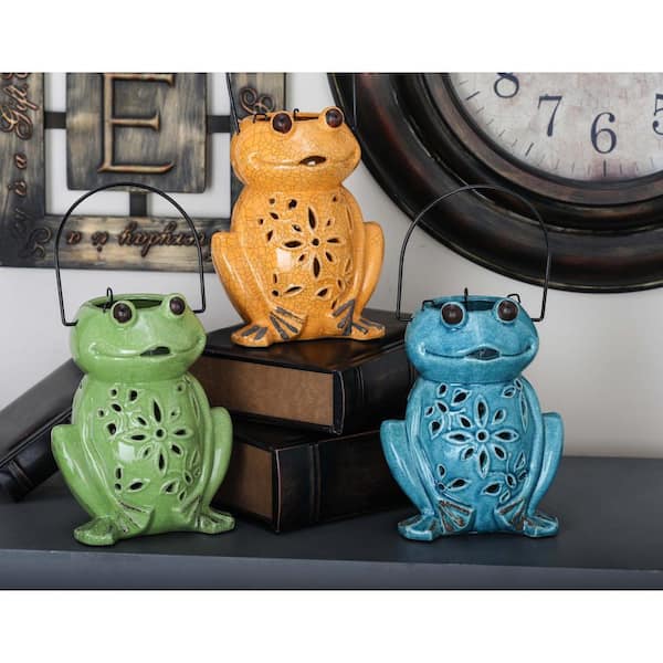 Litton Lane Ceramic Frog Candle Lanterns with Handle (3-Pack)