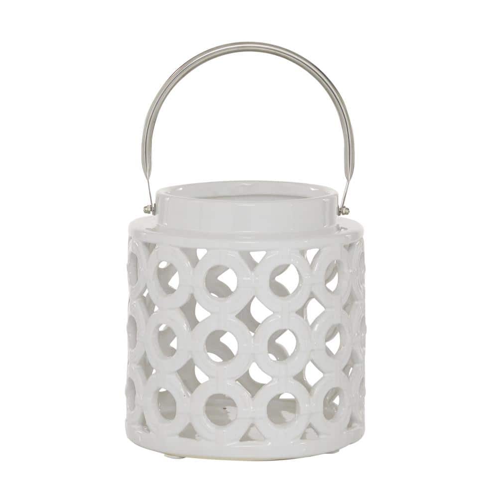 Elegant White Ceramic Hanging Lantern with Geometric Cut-Outs