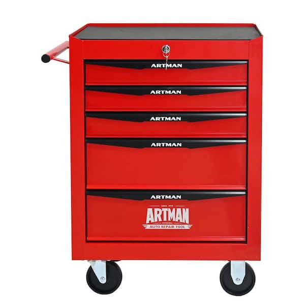 13 in. W 5-Drawer Rolling Metal Black and Red Tool Carts with Ball Bearing Drawer Slides and Steel Tool Storage Box