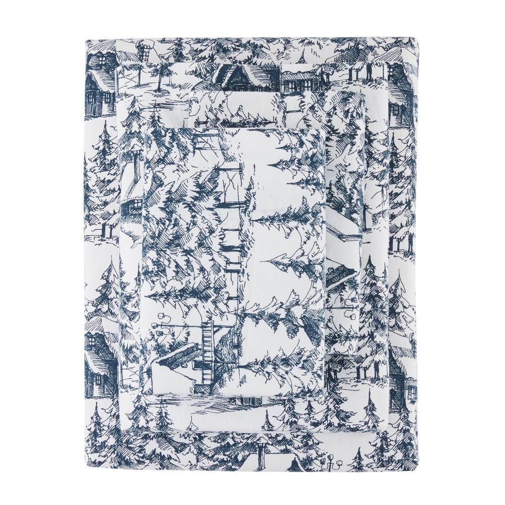 4-Piece Blue Pine Forest Cotton Flannel Queen Sheet Set