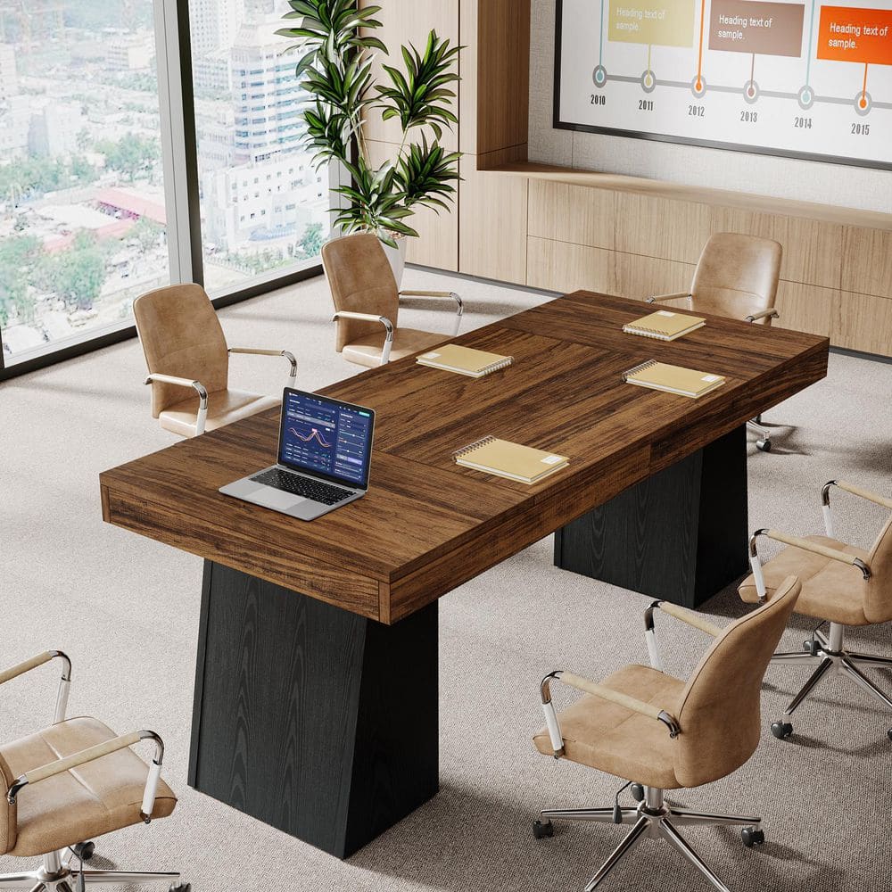 Moronia 55.1 in. Rectangle Rustic Brown & Black Wood Desk with Double Trapezoidal Legs, Wood Seminar Office Desk
