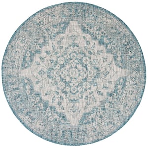Courtyard Gray/Blue 7 ft. x 7 ft. Round Geometric Indoor/Outdoor Patio  Area Rug