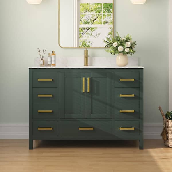 DEERVALLEY 48 in. W x 22 in. D x 34 in. H Single Sink Freestanding Green Bath Vanity with Engineered White Marble Top (Assembled)