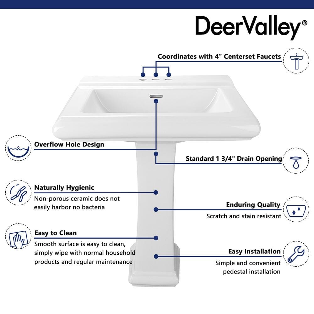 Elegant Apex White Ceramic 34" Rectangular Pedestal Sink with Overflow