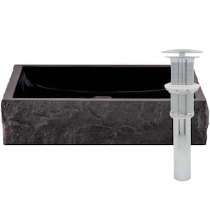 Square Black Granite Vessel Sink with Chiseled Exterior and Umbrella Drain in Chrome
