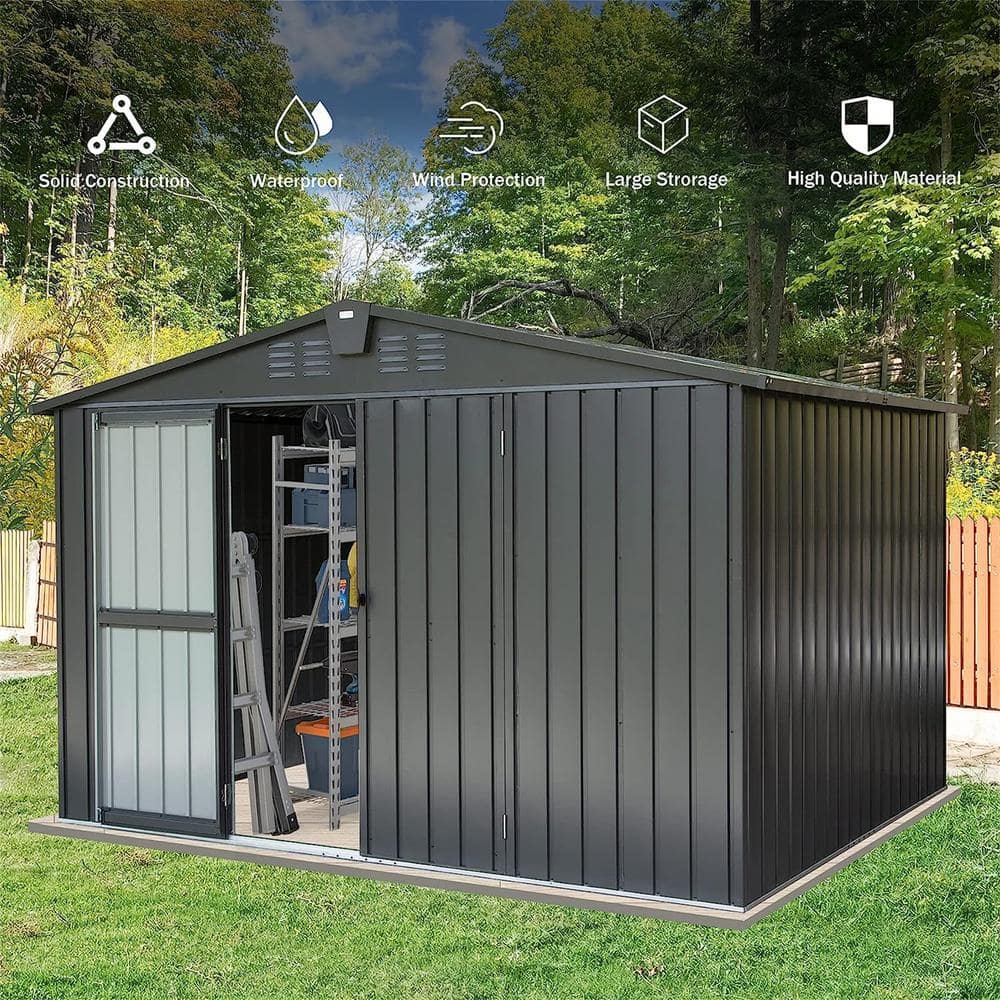 10 ft. W x 8 ft. D Metal Outdoor Storage Shed for Backyard Covered Area Bla