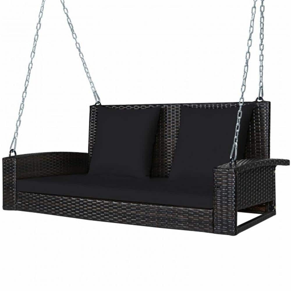 2-Person Patio Rattan Hanging Porch Swing Bench Chair with Black Cushions