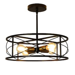 60-Watt 4-Light Black Drum E26 Pendant Light with Open Cage Metal Shape and Light Bulb not Included