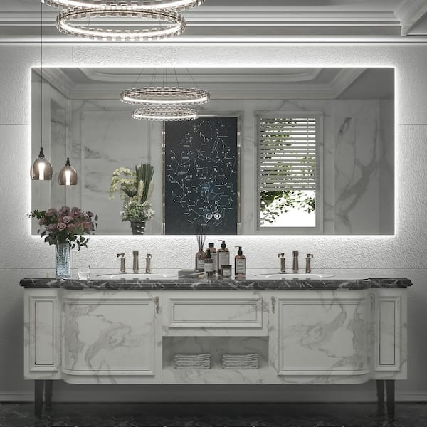 KeonJinn 60 in. W x 28 in. H Rectangular Frameless LED Light Anti-Fog Wall Bathroom Vanity Mirror with Backlit