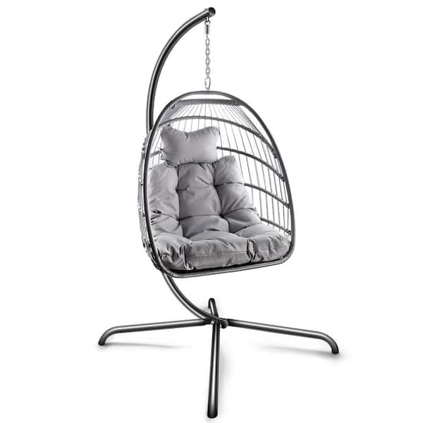 Unbranded Outdoor Wicker Rattan Patio Basket Hanging Chair with C Type bracket, with Cushion and Pillow