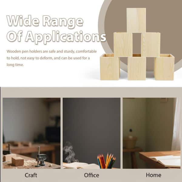 6-Pack Unfinished Pine Wood Pencil Holder Set Square Natural Wood
