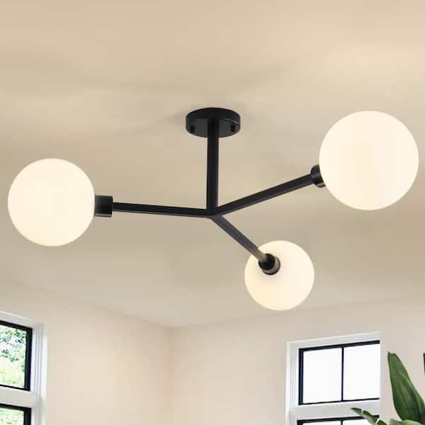36.6 in. 3-Light Black Modern Sputnik Semi Flush Mount with Frosted Glass Shade