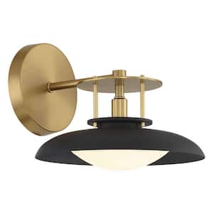 Gavin 9 in. W x 8 in. H 1-Light Matte Black Midcentury Wall Sconce with Warm Brass Accents and White Etched Glass Shade