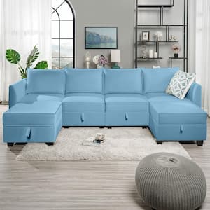 Contemporary 4 Piece Modular Sectional Sofa with Double Ottoman in Robin Egg Blue, Linen