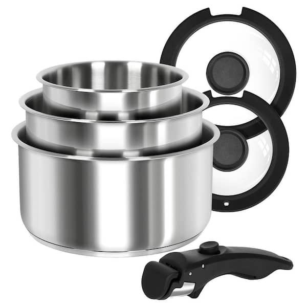 6 Piece Stainless Steel Saucepan Set Black Finish Induction Compatible Tri-Ply Base Removable Handle Dishwasher Safe