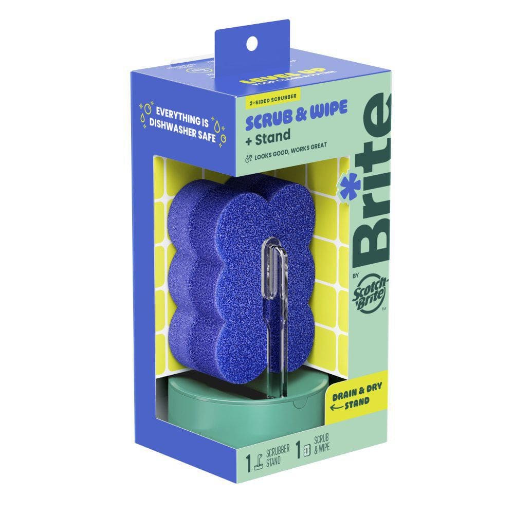 scotch-brite scrub & wipe with drain + dry stand, kitchen sponge for washing dishes, 1 scrubbing pad sponge