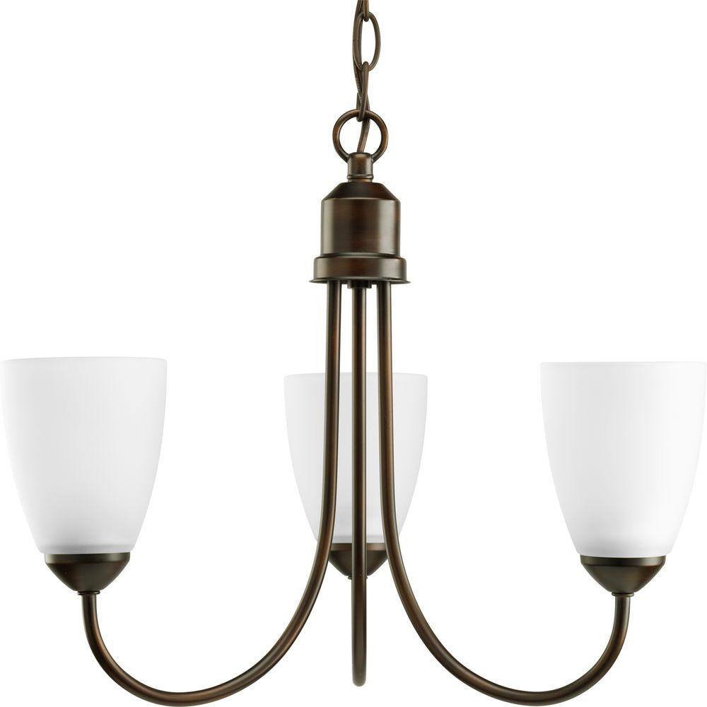 Antique Bronze 3-Light Chandelier with Etched Glass Shades