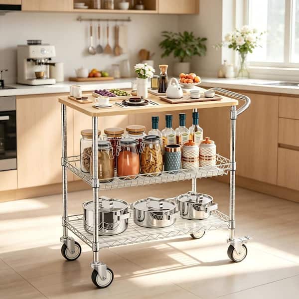 Heavy Duty 3-Shelf Brown Adjustable Storage Rolling Utility Cart with Wood Tabletop, Hooks and Shelf Liners