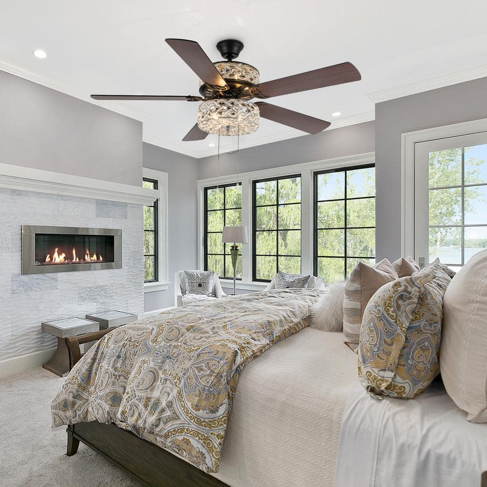 52" Silver and Black Crystal Chandelier Ceiling Fan with Reversible Blades