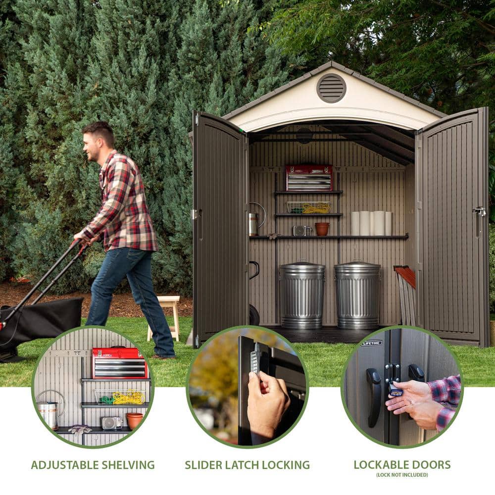 8' x 12.5' Brown Polyethylene Outdoor Storage Shed with Shelving and Windows