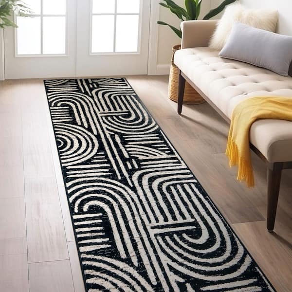 Contemporary Lines Area Rug Black 2 ft. 3 in. x 12 ft. Runner Rug