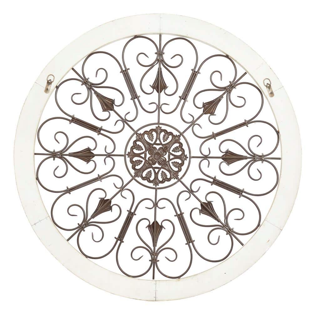 White Distressed Wood and Iron Scroll Wall Decor, 36" Round