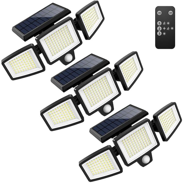 Angel Sar Outdoor Solar 210 LED Security Lights with Remote Control, 270-Degree Wide Angle Flood Wall Lights with 3 Modes (3-Pack)