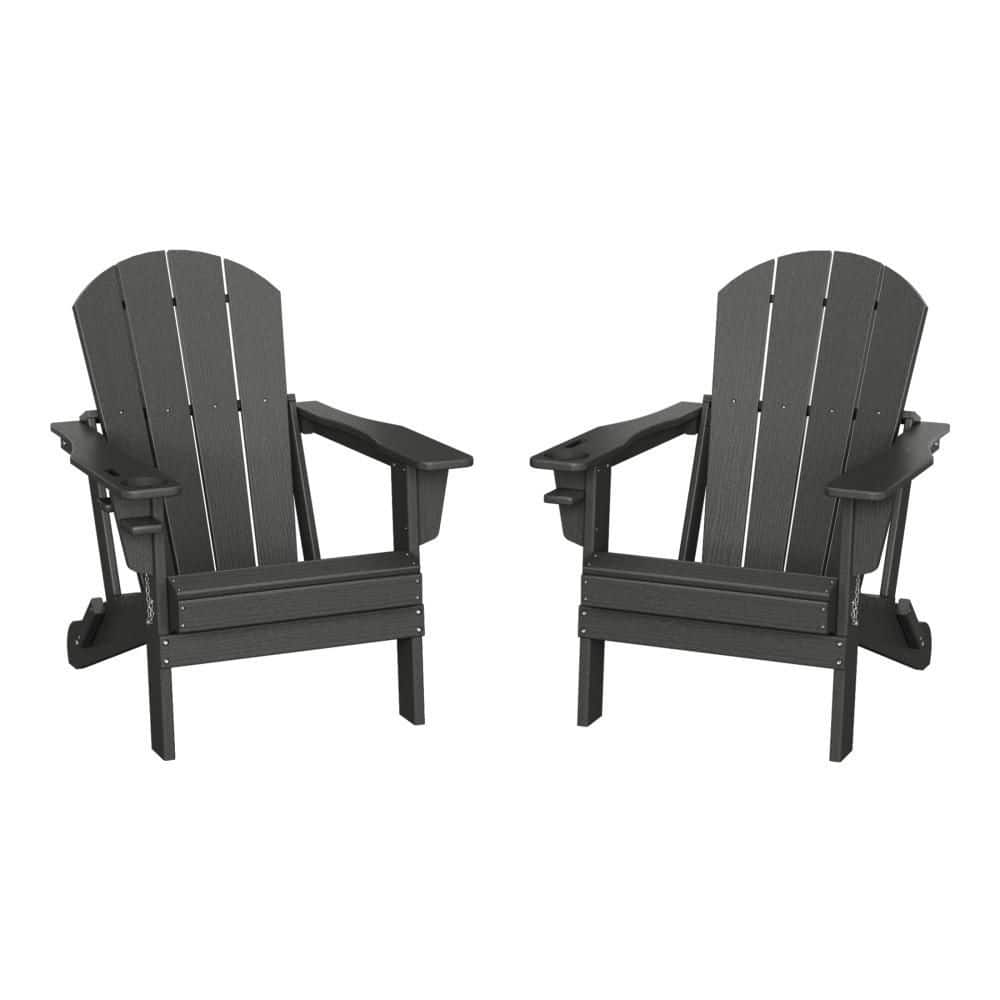 Alvaro Gray Outdoor Patio Weather Proof HDPE Plastic Folding Adirondack Chair with Cup Holder, Set of 2 price history on PriceWatchPro