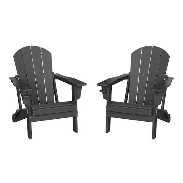 WESTIN OUTDOOR Alvaro Gray Outdoor Patio Weather Proof HDPE Plastic Folding Adirondack Chair with Cup Holder, Set of 2