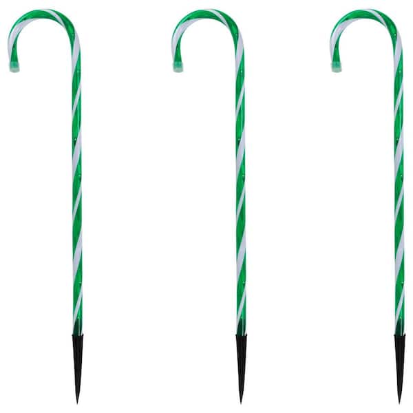 Set of 3 Green and White Twinkle Candy Cane Pathway Markers 26 in.
