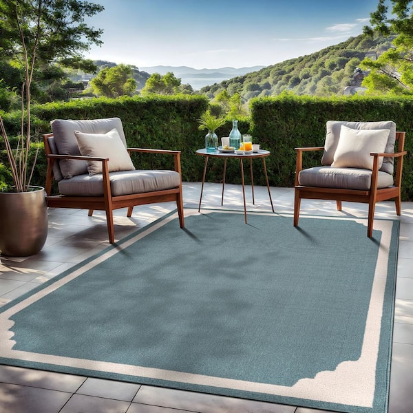Hera Teal 5 ft. x 7 ft. Rubber Back Washable Corner Bordered Indoor Outdoor Patio Area Rug