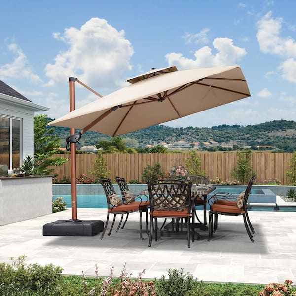 9 ft. x 12 ft. Sunbrella Aluminum 360° Rotation Wood Pattern Cantilever Outdoor Patio Umbrella with Base in Beige