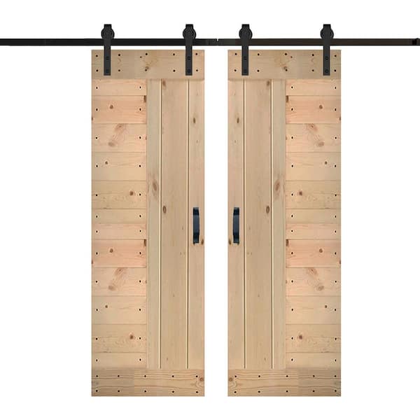 ISLIFE L Series 60 in. x 84 in. Unfinished Solid Wood Double Sliding Barn Door with Hardware Kit - Assembly Needed