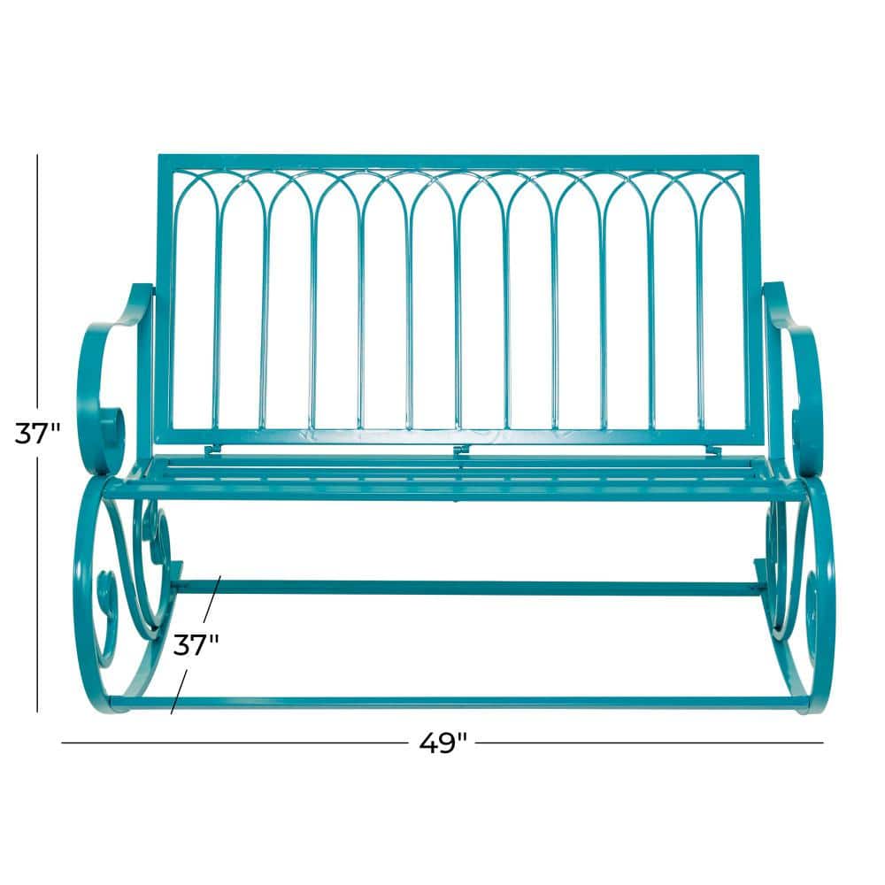 Teal Metal Rocking Outdoor Bench with Scrolled Armrests