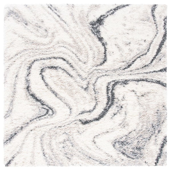 Fontana Shag 12 ft. x 12 ft. Square Ivory/Gray Marble Abstract Area Rug
