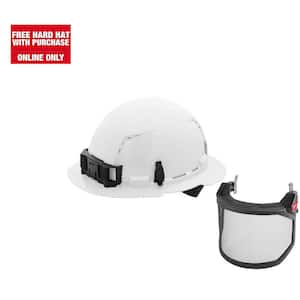 BOLT White Type 1 Class C Full Brim Vented Hard Hat with 4-Point Ratcheting Suspension with Steel Mesh Full Face Shield