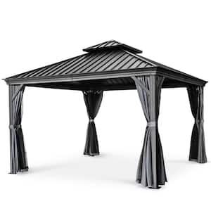 12 ft. x 12 ft. Double Roof Hardtop Aluminum Patio Gazebo with Netting and Gray Curtains