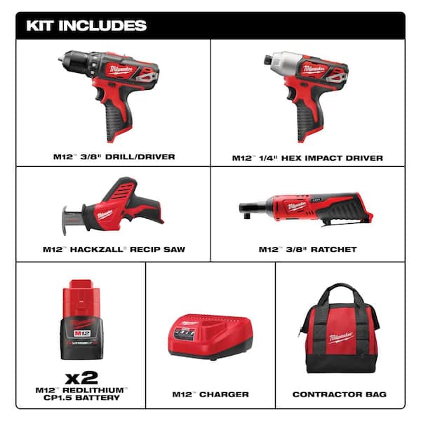 M12 12V Lithium-Ion Cordless Combo Kit (4-Tool) w/(2) 1.5Ah Batteries, (1) Charger, (1) Tool Bag