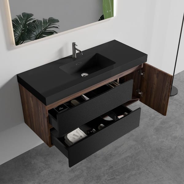 Ziyudura 48 in. Single Sink Floating Walnut Bath Vanity with Black