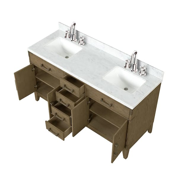 Lexora Fossa 60 in W x 22 in D Grey Oak Double Bath Vanity, Carrara Marble Top, and Faucet Set