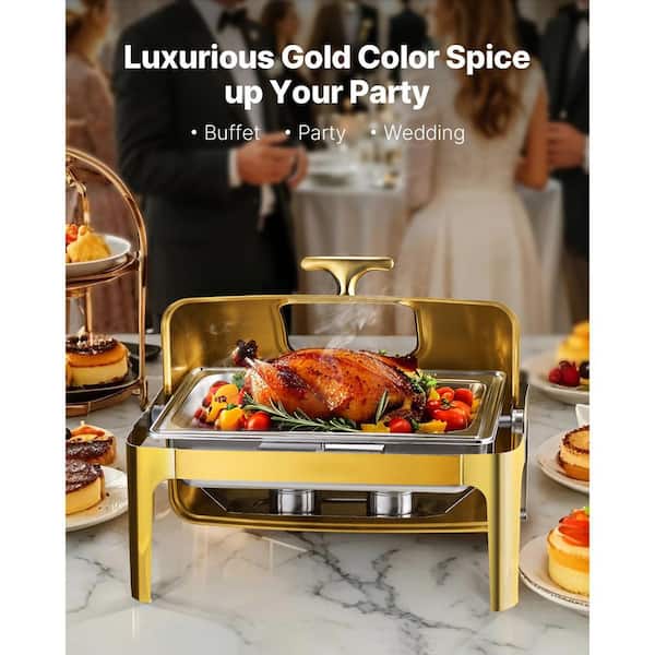 9 qt. Stainless Steel Roll Top Chafing Dish, Rectangle Buffet Warmer with Full Size Pan, Visible Lid, Water Pan