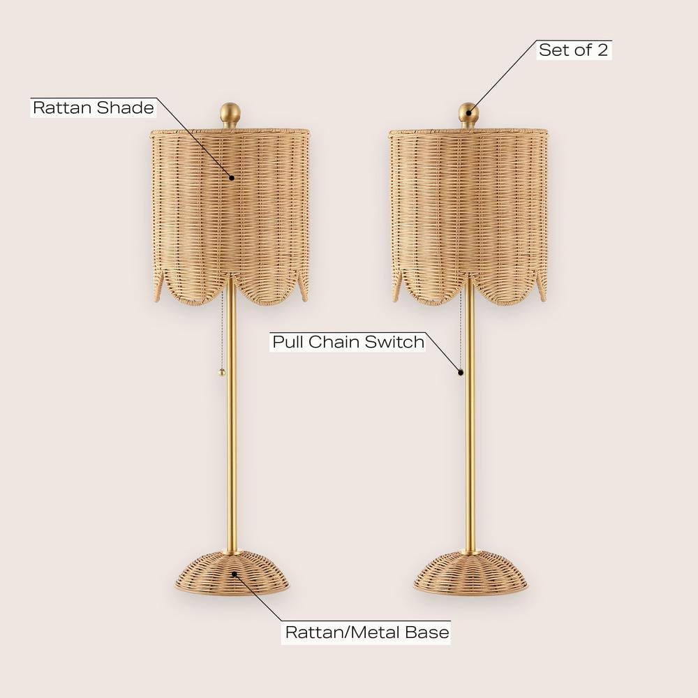 Celerie 27.5" Natural Rattan and Brass Gold LED Table Lamp Set