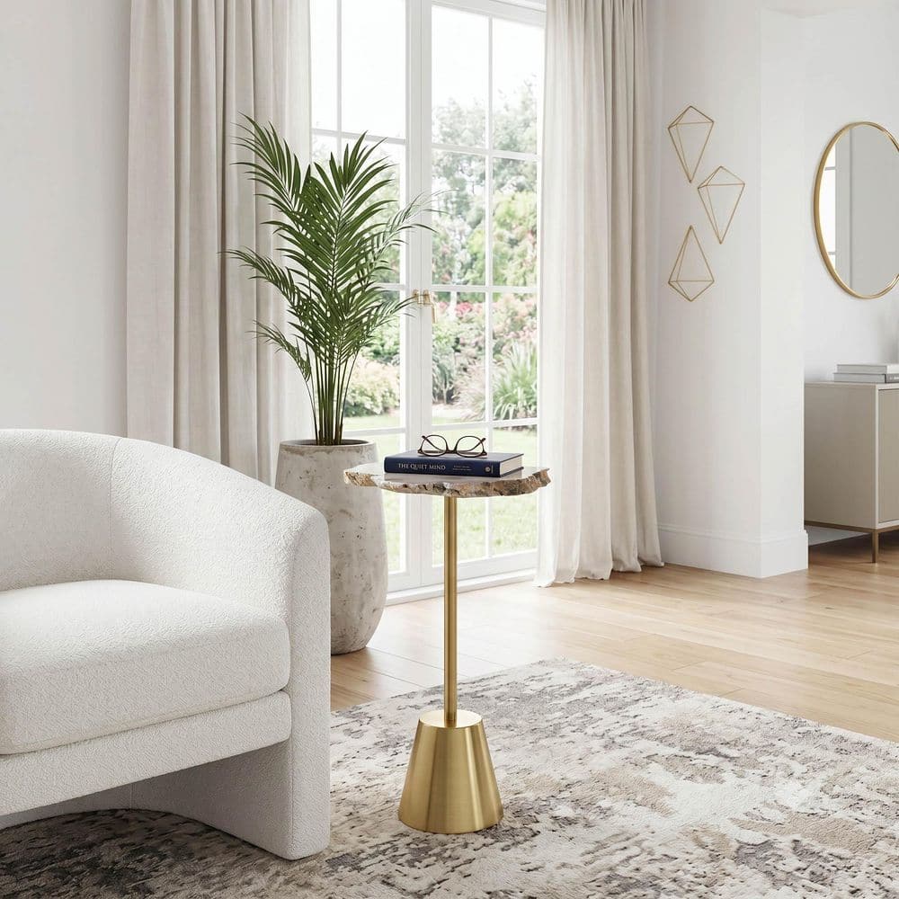 10 in. Round White Raw-Edge Agate Stone Top End Table with Gold Metal Base