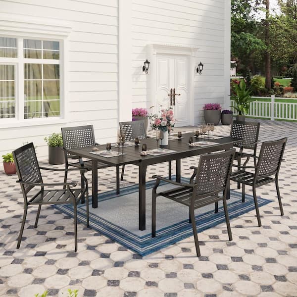 PHI VILLA 7-Piece Metal Patio Outdoor Dining Chairs Black Dining Sets with Extendable Table